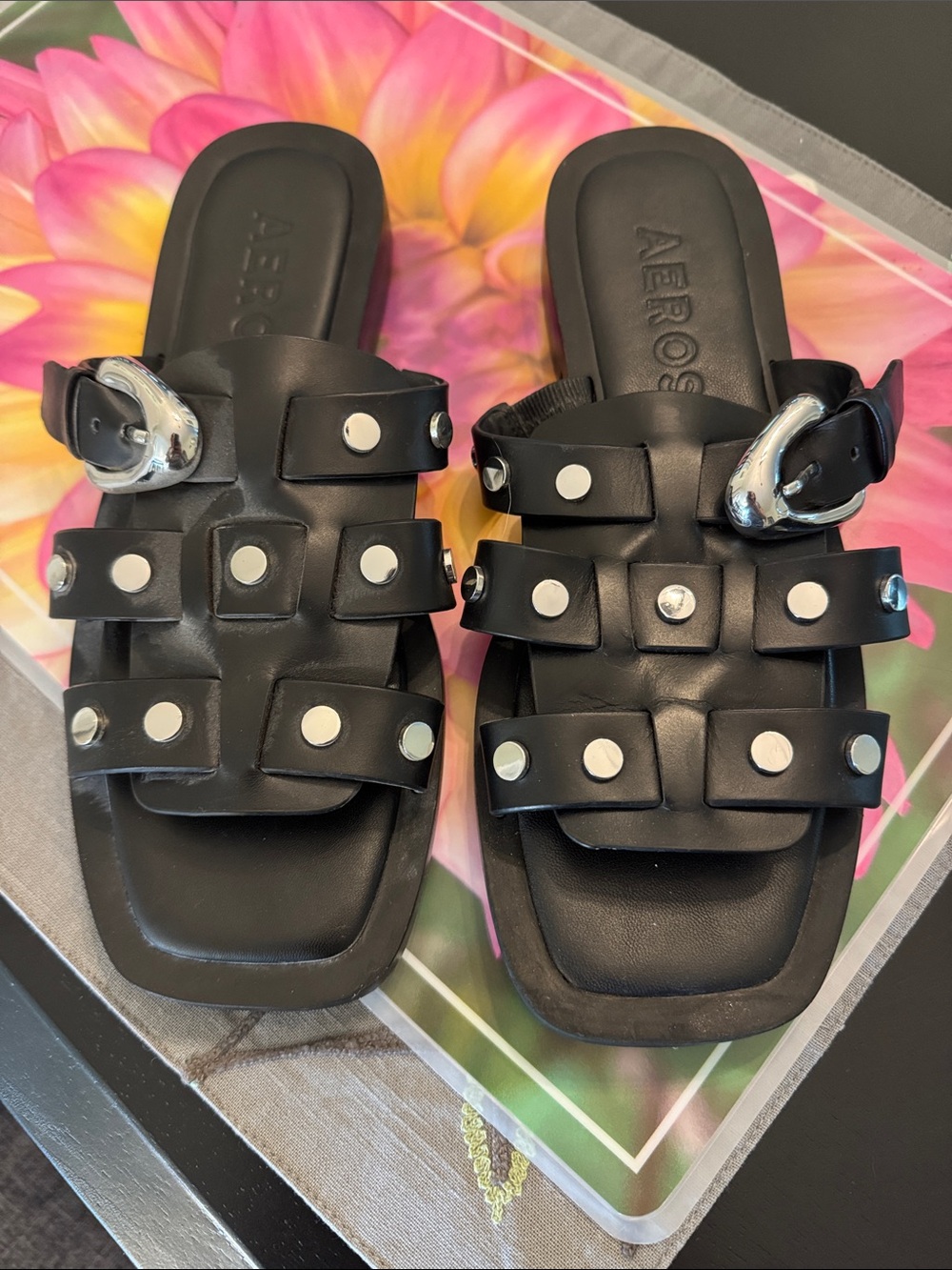 AEROSOLES St. Marks Black Woven-Strap Slide Sandals with Buckle Detail